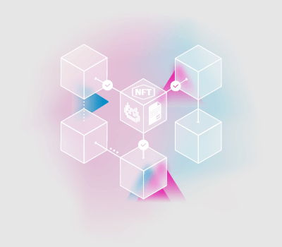 Graphic features concept art of a blockchain against a pink and blue geometric background.