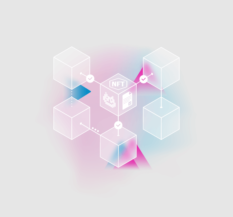 Graphic features concept art of a blockchain against a pink and blue geometric background.