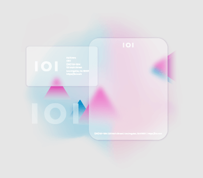 Graphic features transparent art of a business card, logo, and letterhead against a pink and blue geometric background.