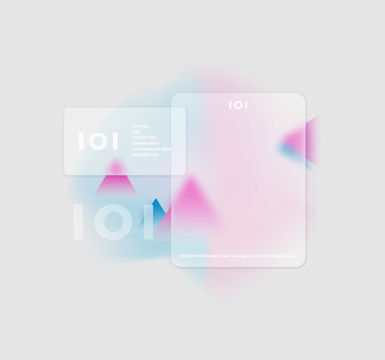 Graphic features transparent art of a business card, logo, and letterhead against a pink and blue geometric background.