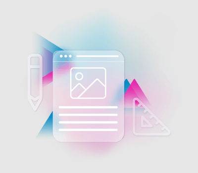 Graphic features transparent images of a website design, a pencil, and a triangular ruler against a pink and blue geometric background.