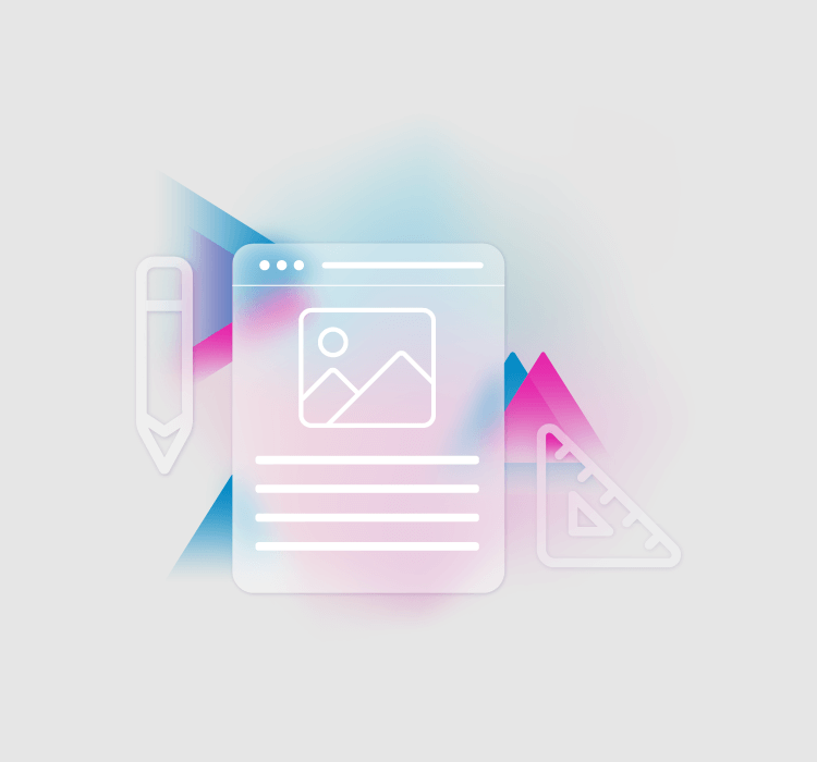 Graphic features transparent images of a website design, a pencil, and a triangular ruler against a pink and blue geometric background.