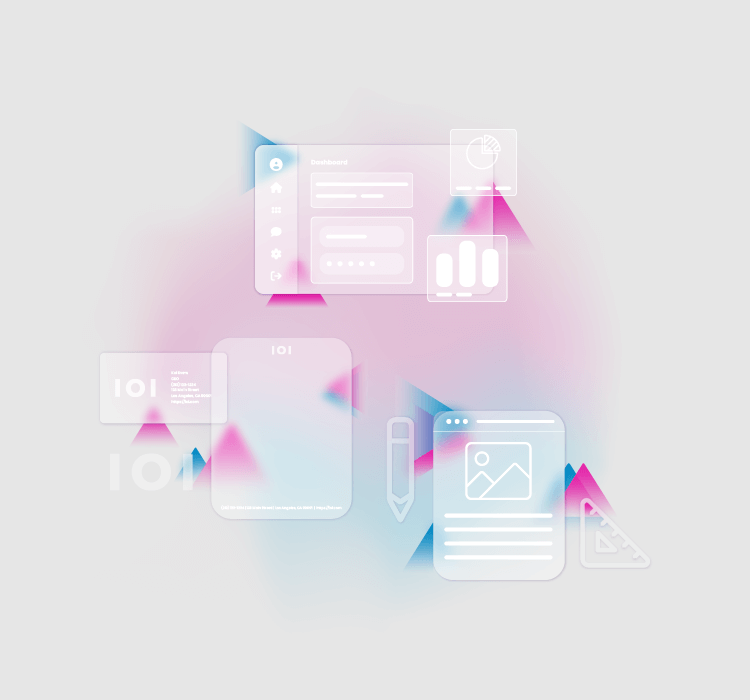 Graphic features transparent white images of a modern user interface against a pink and blue geometric background. 