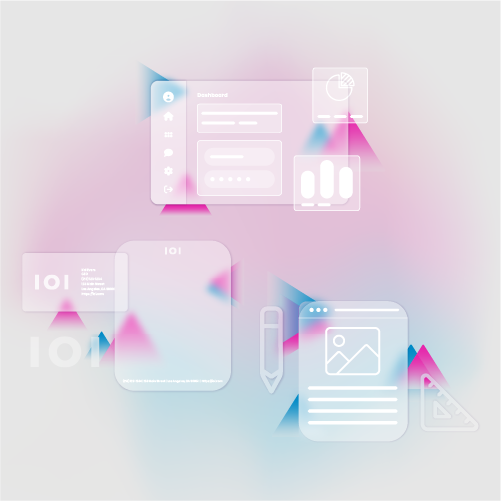Graphic features transparent white images of a modern user interface against a pink and blue geometric background. 