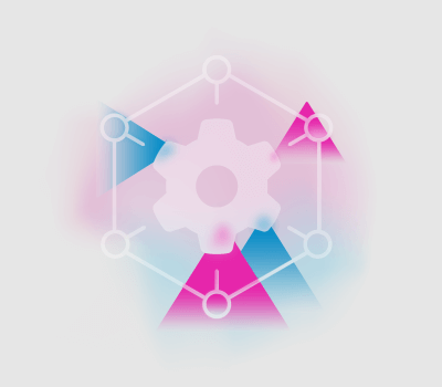 Graphic features a transparent gear design surrounded by spokes against a pink and blue geometric background.