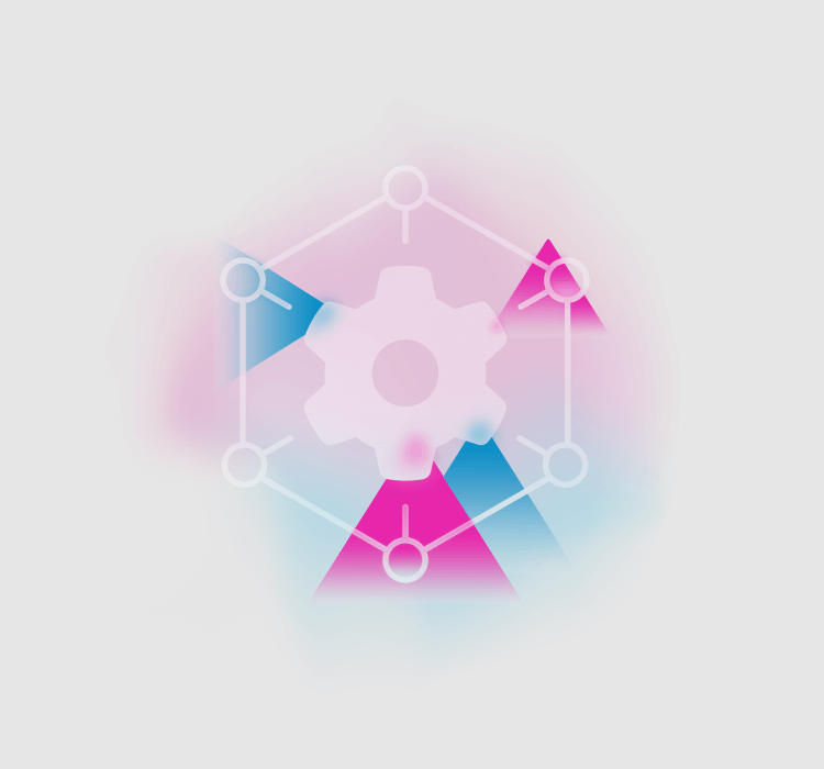 Graphic features a transparent gear design surrounded by spokes against a pink and blue geometric background.