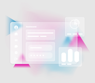 Graphic features a transparent mockup of a web app against a pink and blue geometric background.