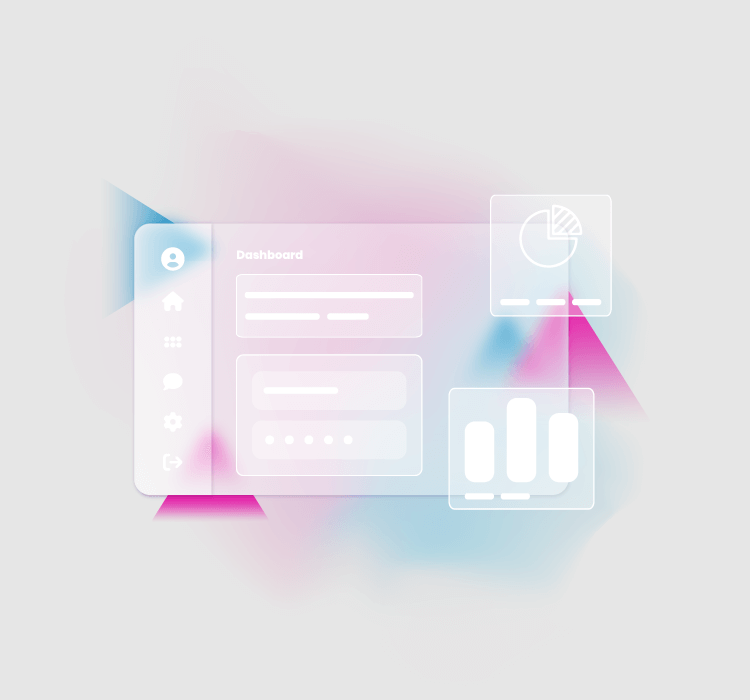 Graphic features a transparent mockup of a web app against a pink and blue geometric background.