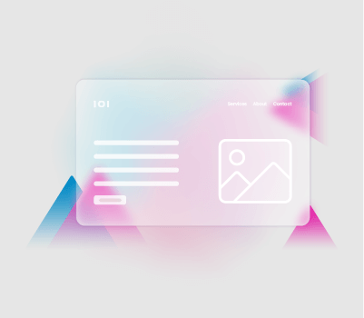 Graphic features a transparent mockup of a modern website design against a pink and blue geometric background.
