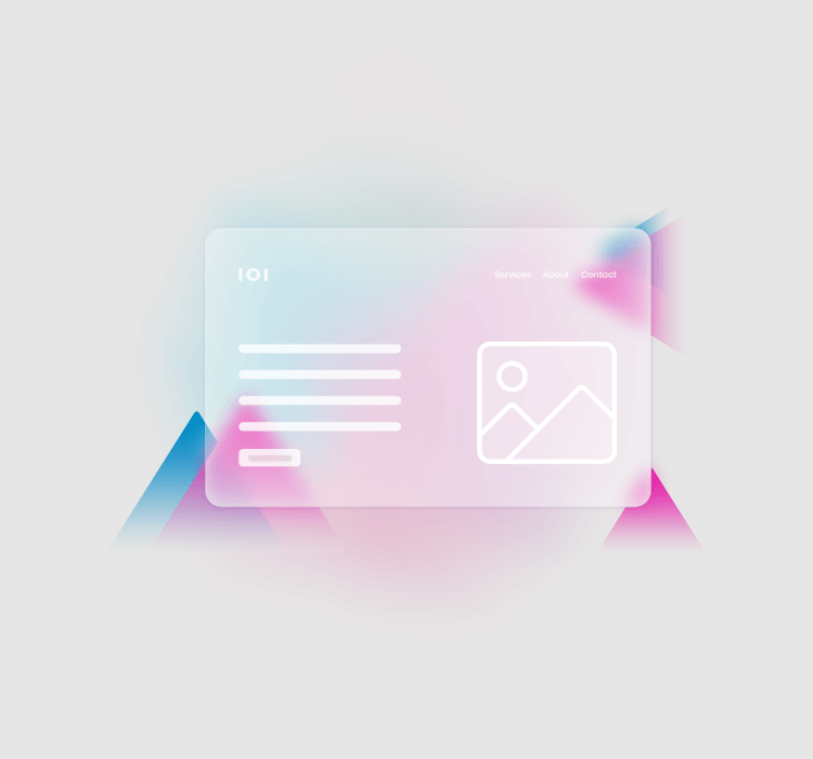 Graphic features a transparent mockup of a modern website design against a pink and blue geometric background.